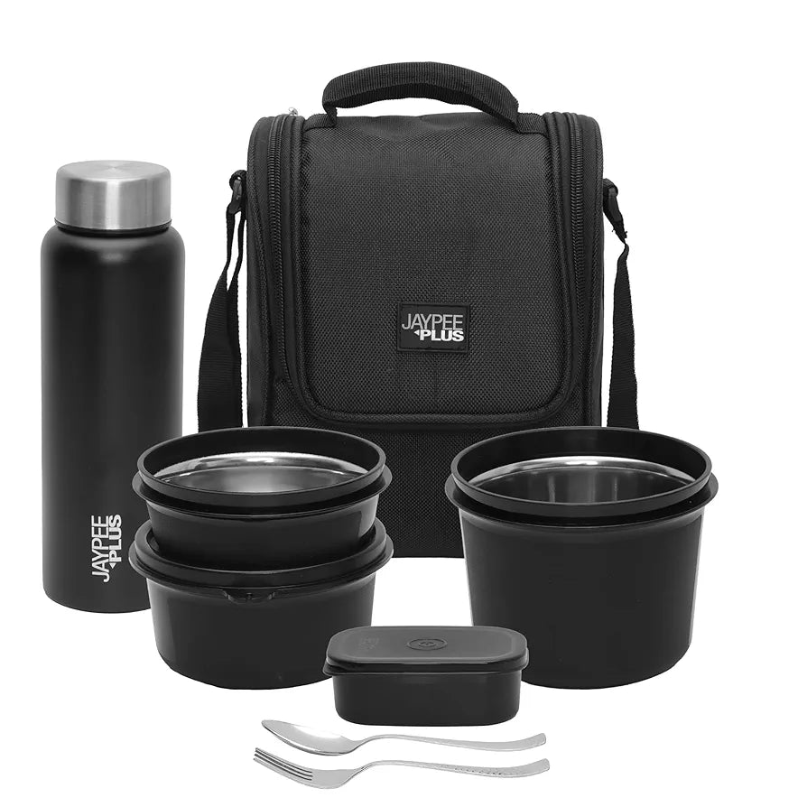 Jaypee Plus Meal Plus 1390 ml Stainless Steel Office Lunch Box | BPA Free, Microwave Safe & Spillproof Airtight 4 Containers | Includes Bottle, Spoon, Fork & Bag | Ideal for College & School